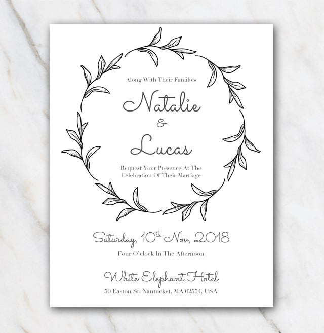 Black and white leaves wedding invitation template