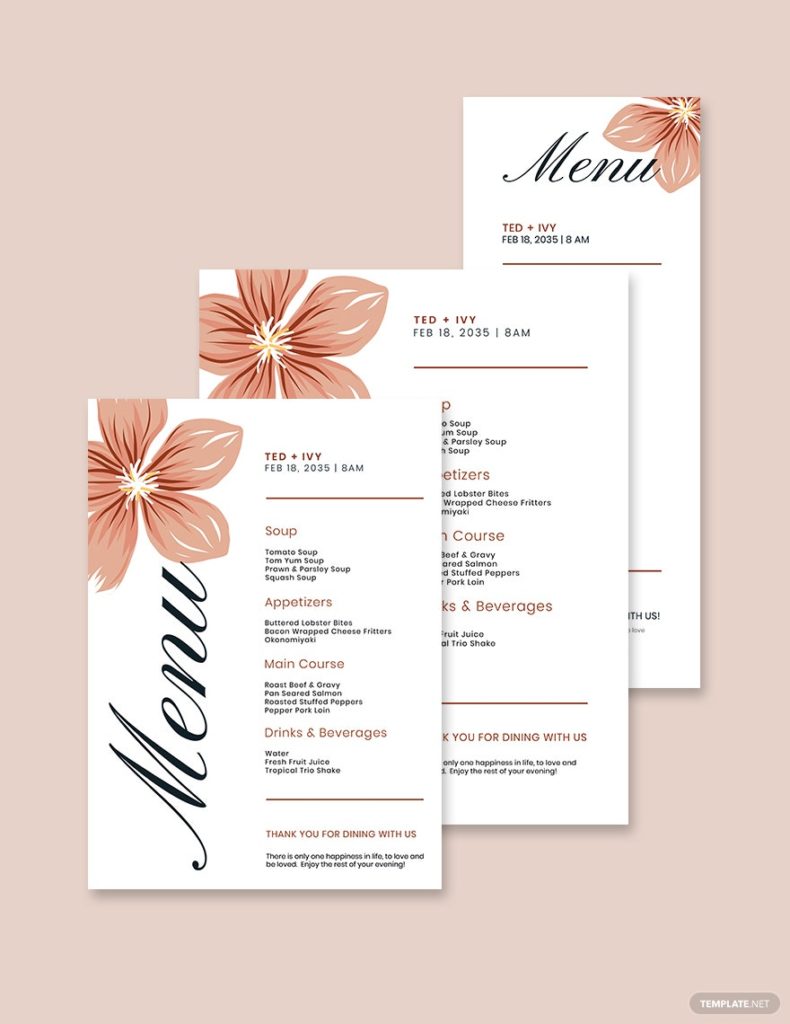 Free formal wedding menu template