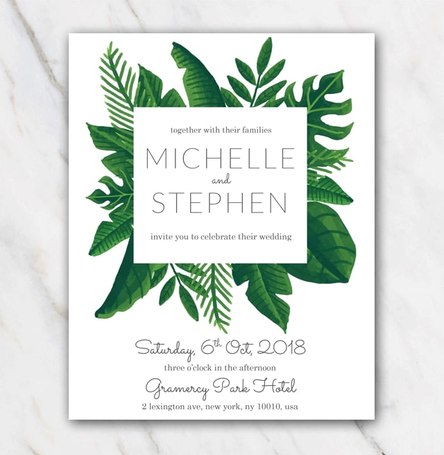 Tropical green wedding invitation template