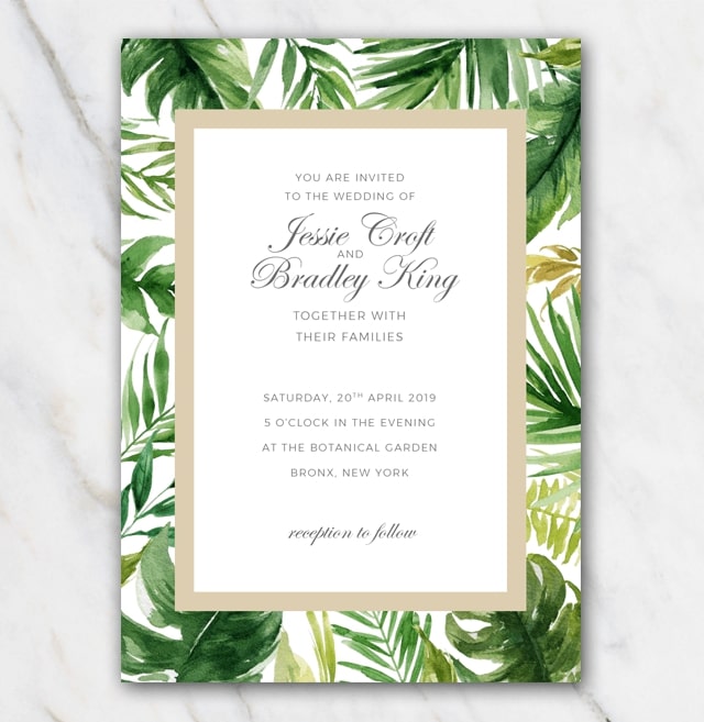 Tropical palm tree leaves wedding invitation template